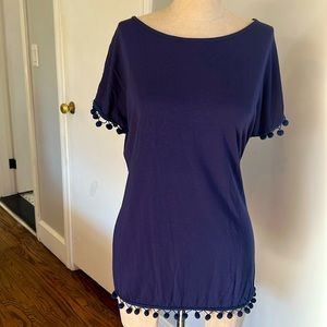 Angel & Premium Pom Pom short sleeve top in navy